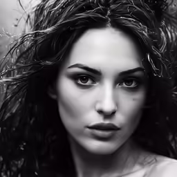 black and white photo of woman with messy hair