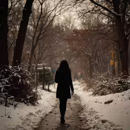a girl walks down the snow covered path in her long coat
