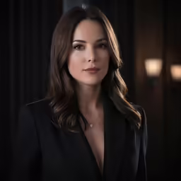 a woman is in a black suit looking straight ahead