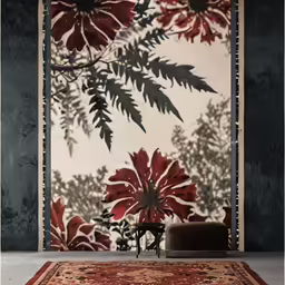 large red floral rug with white border and dark grey walls