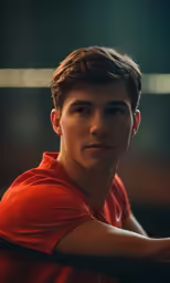 a boy with short hair sitting and holding his arm over the shoulder