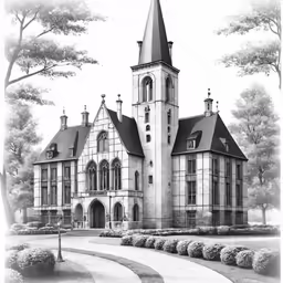 a pencil drawing of a church with a steeple