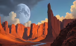 a full moon above rocks and a river below
