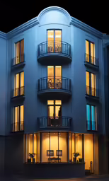 the outside of an apartment building lit up at night