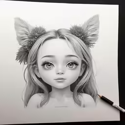 a pencil drawing of a girl with cat ears