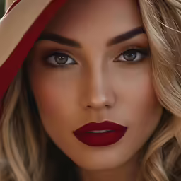 a girl in red with her hair blown back and wearing a hat and dress