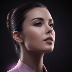 a woman with smoky makeup wearing a pink jacket
