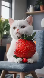 the cat is sitting on the chair with a huge strawberry