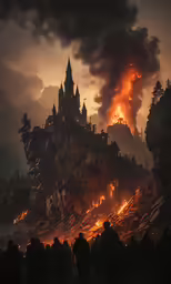 a large castle on top of a hillside with fire raging down