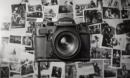 a camera is on a stand with many pictures hanging from it