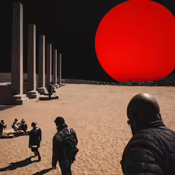 people sitting on sand at an open park near tall pillars