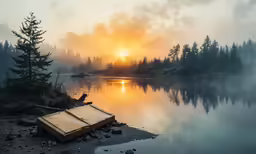 this is an image of a foggy morning over a lake