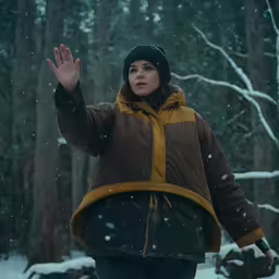 a woman standing in the snow waving out her hand