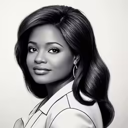 the black woman with her hair in loose curls and earrings is wearing a blouse