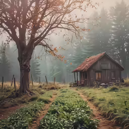 a cabin in a field by a tree