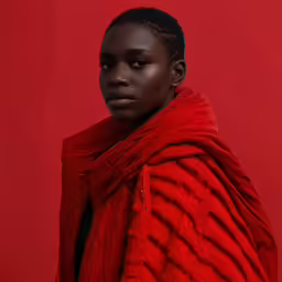 a black girl with dark skin and red clothes is wearing a scarf