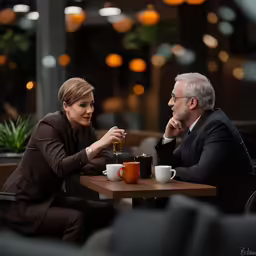 a couple of people sitting at a table eating food