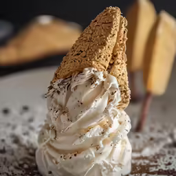some sort of ice cream covered cone on top of some chocolate syrup