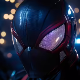 a close up view of a blue and red helmet