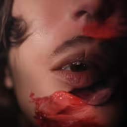 a girl has her tongue covered with red blood