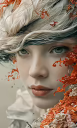 a woman is wearing an elaborate hat and flowers on her head