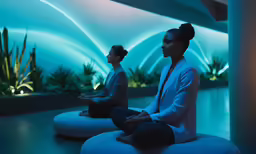 two women are sitting on bean bags near plants