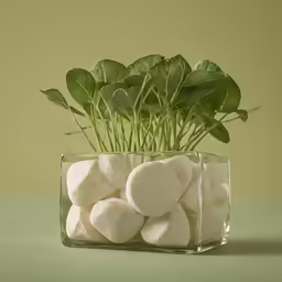 small, square, clear glass vase holding green leaves