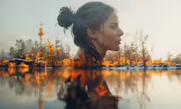 a woman staring into a lake that is covered in trees