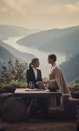 a couple of women sitting at a picnic table talking