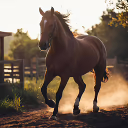 a horse running on a dirt field near a fence