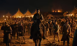 an actor on a horse in a crowded field