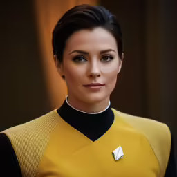 a female in an uniform with a ring around her neck