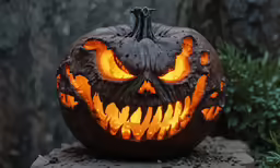 a carved pumpkin is on a stone slab