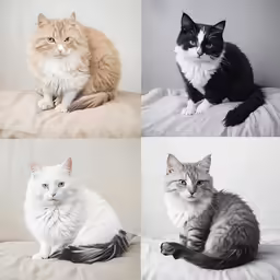 four different photographs of different cats on a white surface