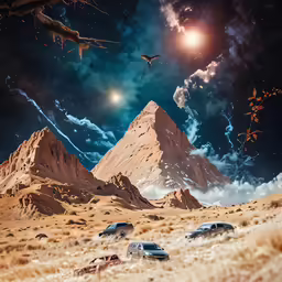 three cars are parked in a desert with mountains