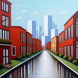 a painting shows the reflection of buildings in the water
