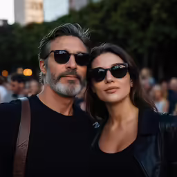 two people pose for the camera at a street event