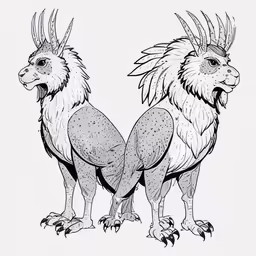two horned, monster like birds standing together