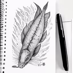a black and white drawing of a fish on top of a notebook