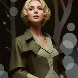a woman posing for the camera wearing green clothes