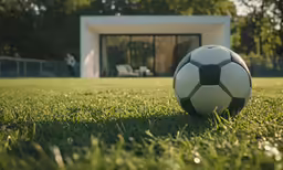a soccer ball sitting on top of a green grass covered field