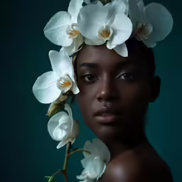 a dark skinned woman with flowers in her hair
