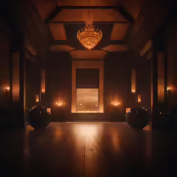 a dimly lit ballroom with candles and chandelier