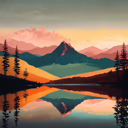 a mountain reflecting in the still waters of a lake,a mountain range with lake surrounded by trees and clouds