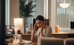 a woman sitting at a desk on the phone and using a laptop
