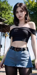 a sexy young woman wearing a blue skirt