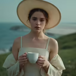 woman in white dress holding coffee cup standing on green hillside