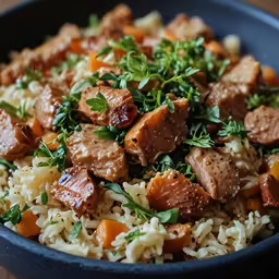 rice with meat and carrots on it in a blue bowl