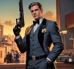 a man in suit holding a gun in front of an image of men,a man dressed in suit holding a gun