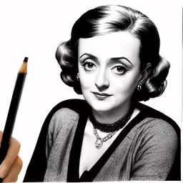 a woman with a necklace is holding up a pencil and looking into the camera
